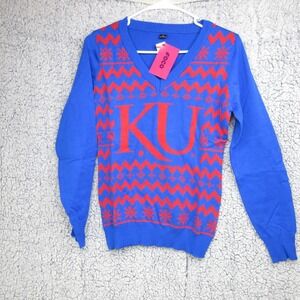 FOCO Kansas Jayhawks KU Royal Blue Red V Neck Ugly‎ Sweater Women's S